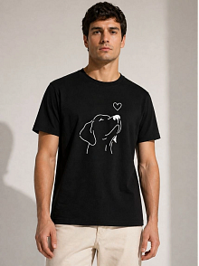 Erkek Köpek Figürlü Minimal Baskılı Tişört Kısa Kol Yazlık T-shirt - Siyah