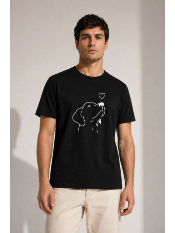 Erkek Köpek Figürlü Minimal Baskılı Tişört Kısa Kol Yazlık T-shirt - Siyah