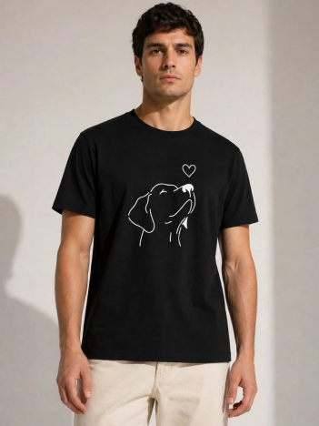 Erkek Köpek Figürlü Minimal Baskılı Tişört Kısa Kol Yazlık T-shirt - Siyah
