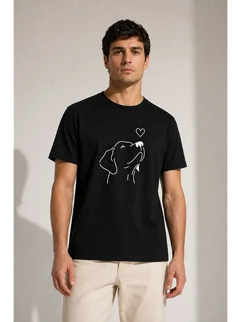 Erkek Köpek Figürlü Minimal Baskılı Tişört Kısa Kol Yazlık T-shirt - Siyah Erkek Köpek Figürlü Minimal Baskılı Tişört Kısa Kol Yazlık T-shirt - Siyah