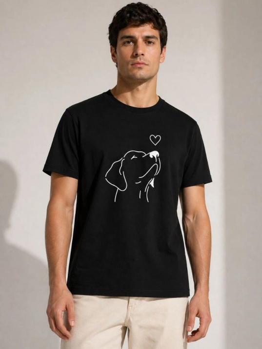 Erkek Köpek Figürlü Minimal Baskılı Tişört Kısa Kol Yazlık T-shirt - Siyah