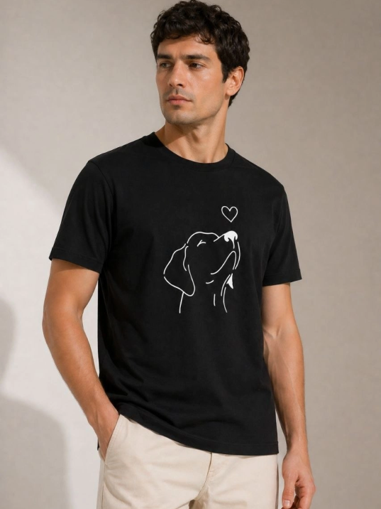 Erkek Köpek Figürlü Minimal Baskılı Tişört Kısa Kol Yazlık T-shirt - Siyah