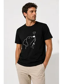 Erkek Köpek Figürlü Minimal Baskılı Tişört Kısa Kol Yazlık T-shirt - Siyah