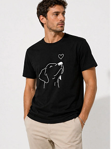 Erkek Köpek Figürlü Minimal Baskılı Tişört Kısa Kol Yazlık T-shirt - Siyah