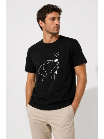 Erkek Köpek Figürlü Minimal Baskılı Tişört Kısa Kol Yazlık T-shirt - Siyah