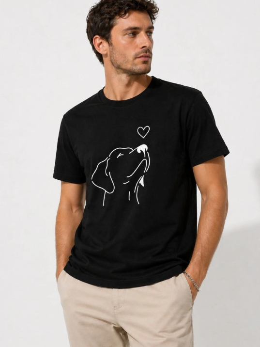 Erkek Köpek Figürlü Minimal Baskılı Tişört Kısa Kol Yazlık T-shirt - Siyah