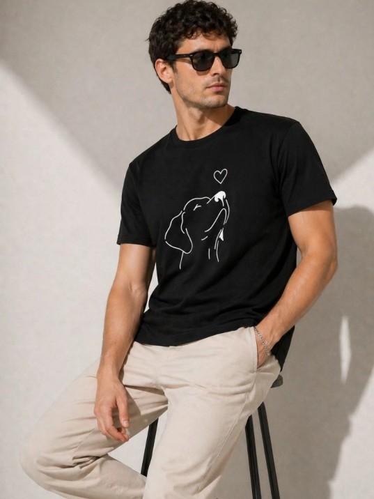 Erkek Köpek Figürlü Minimal Baskılı Tişört Kısa Kol Yazlık T-shirt - Siyah
