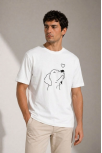 Erkek Köpek Figürlü Minimal Baskılı Tişört Kısa Kol Yazlık T-shirt - Beyaz