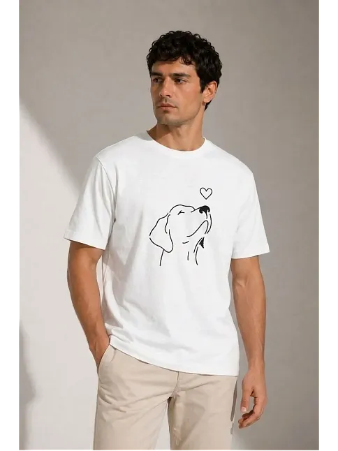 Erkek Köpek Figürlü Minimal Baskılı Tişört Kısa Kol Yazlık T-shirt - Beyaz