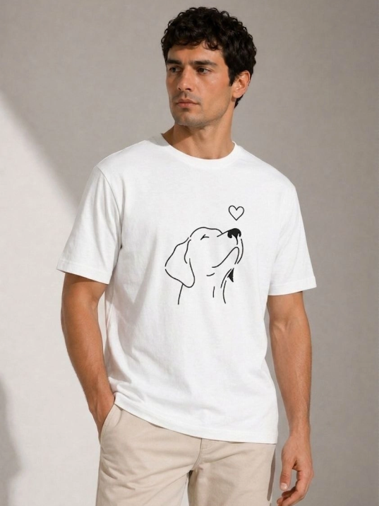 Erkek Köpek Figürlü Minimal Baskılı Tişört Kısa Kol Yazlık T-shirt - Beyaz