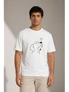 Erkek Köpek Figürlü Minimal Baskılı Tişört Kısa Kol Yazlık T-shirt - Beyaz