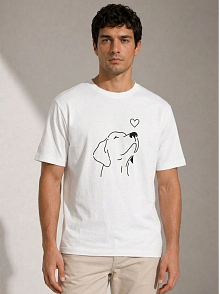 Erkek Köpek Figürlü Minimal Baskılı Tişört Kısa Kol Yazlık T-shirt - Beyaz