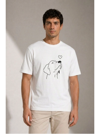 Erkek Köpek Figürlü Minimal Baskılı Tişört Kısa Kol Yazlık T-shirt - Beyaz