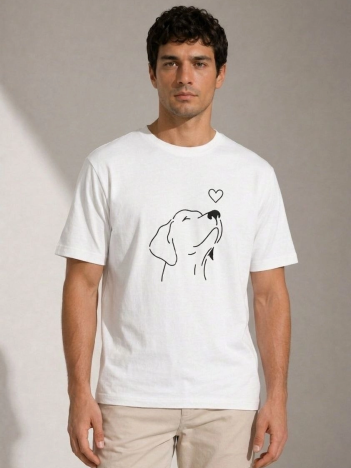 Erkek Köpek Figürlü Minimal Baskılı Tişört Kısa Kol Yazlık T-shirt - Beyaz