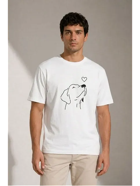 Erkek Köpek Figürlü Minimal Baskılı Tişört Kısa Kol Yazlık T-shirt - Beyaz