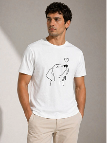 Erkek Köpek Figürlü Minimal Baskılı Tişört Kısa Kol Yazlık T-shirt - Beyaz