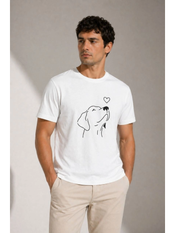 Erkek Köpek Figürlü Minimal Baskılı Tişört Kısa Kol Yazlık T-shirt - Beyaz
