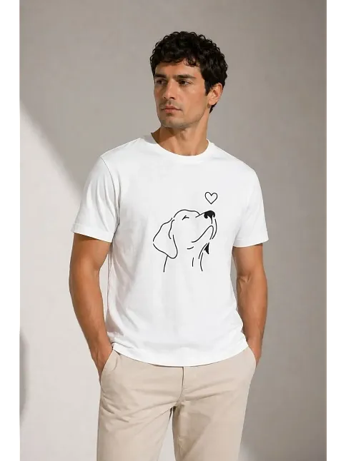 Erkek Köpek Figürlü Minimal Baskılı Tişört Kısa Kol Yazlık T-shirt - Beyaz