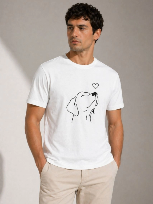 Erkek Köpek Figürlü Minimal Baskılı Tişört Kısa Kol Yazlık T-shirt - Beyaz
