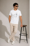 Erkek Köpek Figürlü Minimal Baskılı Tişört Kısa Kol Yazlık T-shirt - Beyaz