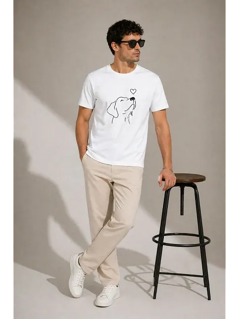 Erkek Köpek Figürlü Minimal Baskılı Tişört Kısa Kol Yazlık T-shirt - Beyaz