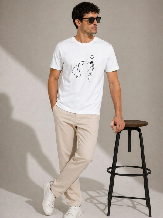 Erkek Köpek Figürlü Minimal Baskılı Tişört Kısa Kol Yazlık T-shirt - Beyaz