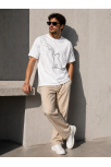 Erkek Minimal Kedi Çizim Baskılı Tişört Kısa Kol Yazlık T-shirt - Beyaz