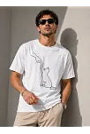 Erkek Minimal Kedi Çizim Baskılı Tişört Kısa Kol Yazlık T-shirt - Beyaz