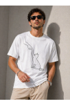 Erkek Minimal Kedi Çizim Baskılı Tişört Kısa Kol Yazlık T-shirt - Beyaz