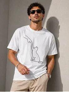 Erkek Minimal Kedi Çizim Baskılı Tişört Kısa Kol Yazlık T-shirt - Beyaz