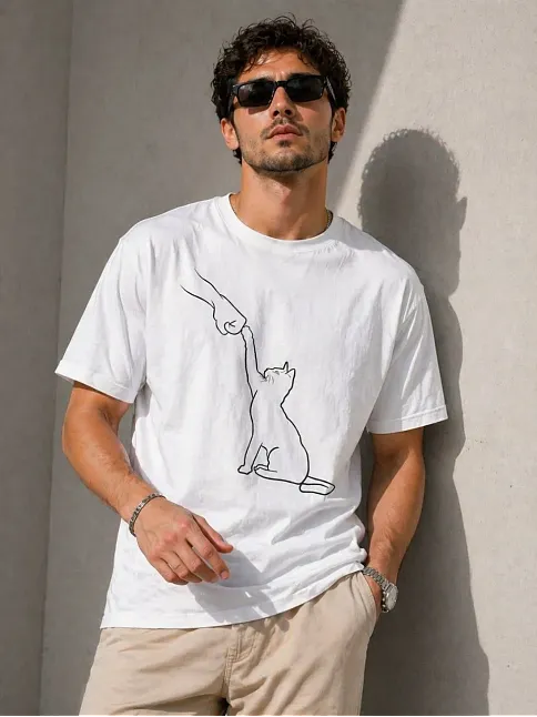 Erkek Minimal Kedi Çizim Baskılı Tişört Kısa Kol Yazlık T-shirt - Beyaz