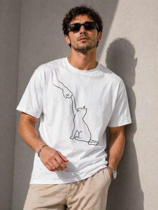 Erkek Minimal Kedi Çizim Baskılı Tişört Kısa Kol Yazlık T-shirt - Beyaz