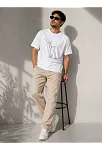 Erkek Minimal Kedi Çizim Baskılı Tişört Kısa Kol Yazlık T-shirt - Beyaz