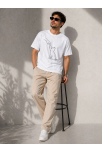 Erkek Minimal Kedi Çizim Baskılı Tişört Kısa Kol Yazlık T-shirt - Beyaz