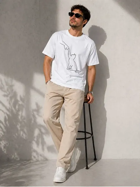 Erkek Minimal Kedi Çizim Baskılı Tişört Kısa Kol Yazlık T-shirt - Beyaz
