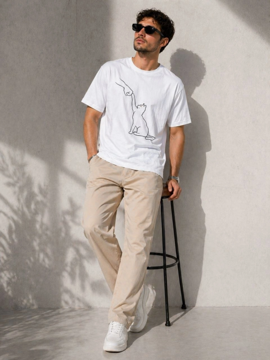 Erkek Minimal Kedi Çizim Baskılı Tişört Kısa Kol Yazlık T-shirt - Beyaz