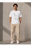 Erkek Minimal Kedi Çizim Baskılı Tişört Kısa Kol Yazlık T-shirt - Beyaz
