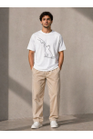 Erkek Minimal Kedi Çizim Baskılı Tişört Kısa Kol Yazlık T-shirt - Beyaz