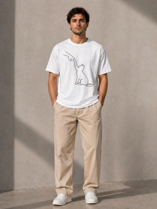 Erkek Minimal Kedi Çizim Baskılı Tişört Kısa Kol Yazlık T-shirt - Beyaz