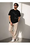 Erkek Minimal Kedi Çizim Baskılı Tişört Kısa Kol Yazlık T-shirt - Siyah