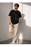 Erkek Minimal Kedi Çizim Baskılı Tişört Kısa Kol Yazlık T-shirt - Siyah