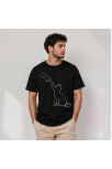 Erkek Minimal Kedi Çizim Baskılı Tişört Kısa Kol Yazlık T-shirt - Siyah