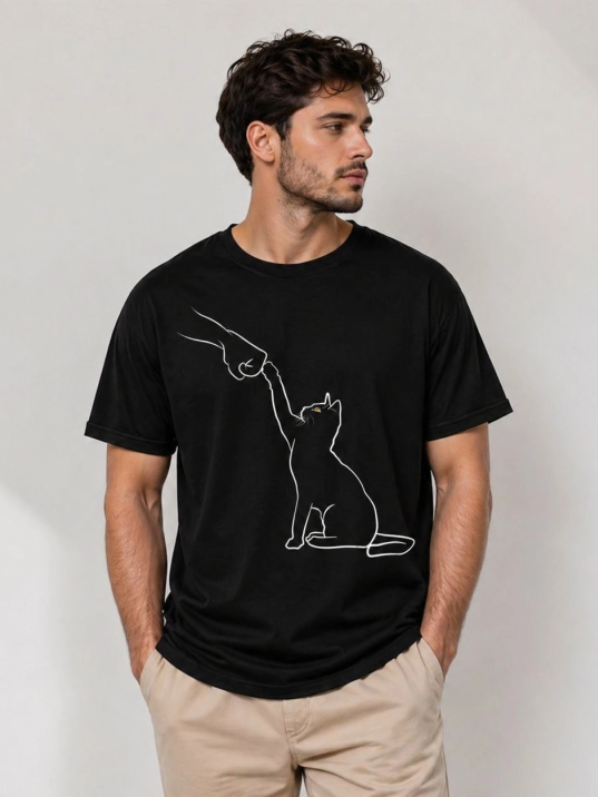 Erkek Minimal Kedi Çizim Baskılı Tişört Kısa Kol Yazlık T-shirt - Siyah