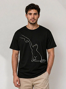 Erkek Minimal Kedi Çizim Baskılı Tişört Kısa Kol Yazlık T-shirt - Siyah