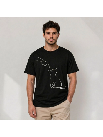 Erkek Minimal Kedi Çizim Baskılı Tişört Kısa Kol Yazlık T-shirt - Siyah