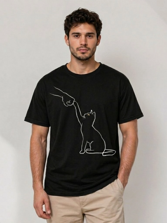 Erkek Minimal Kedi Çizim Baskılı Tişört Kısa Kol Yazlık T-shirt - Siyah