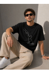 Erkek Minimal Kedi Çizim Baskılı Tişört Kısa Kol Yazlık T-shirt - Siyah