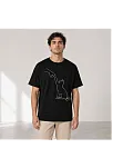 Erkek Minimal Kedi Çizim Baskılı Tişört Kısa Kol Yazlık T-shirt - Siyah