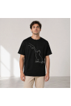Erkek Minimal Kedi Çizim Baskılı Tişört Kısa Kol Yazlık T-shirt - Siyah