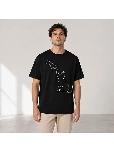 Erkek Minimal Kedi Çizim Baskılı Tişört Kısa Kol Yazlık T-shirt - Siyah
